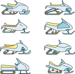 Sticker - Mountain snowmobile icon set. Outline set of mountain snowmobile vector icons thin line color flat on white