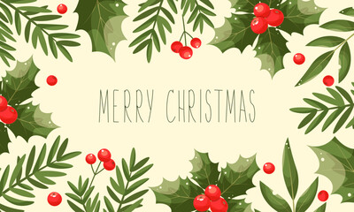 Wall Mural - Merry Christmas and Happy New Year 2024 background with Christmas tree branches, berries and frame with place for text. Vector illustration. Horizontal holiday flyer, sale coupon or party invitation