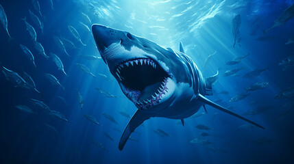 Canvas Print - Ocean shark bottom view from below. Open toothy dangerous mouth with many teeth. Underwater blue sea waves clear water shark swims forward. Made with genreative ai