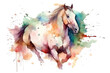 Watercolor portrait of a horse with splashes of paint on a white background. AI generated illustration.