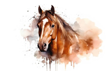 Watercolor Portrait Of A Horse With Splashes Of Paint On A White Background. AI Generated Illustration.