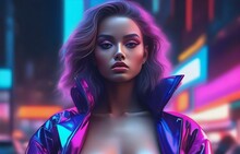 Illustration Of A Beautiful Girl In A Futuristic Costume With Neon Lights