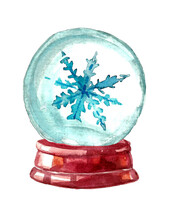 Watercolor Drawing Of A Christmas Crystal Snow Globe With A Red Glossy Stand And A Blue Patterned Snowflake Inside. Hand Drawn Illustration On White Background For Cards, Fabric, Paper Napkins