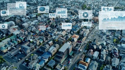 Fototapete - 都市と統計グラフ