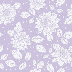 Wall Mural - Pastel purple detailed floral vector pattern with dots, stars and hand drawn dahlia illustrations, magical seamless repeat background with flowers, cute wallpaper design.