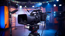 Modern Video Camera With A Digital Display Recording An Interview In A TV Show Studio. Blurry Background. Mass Media, Television, And Technology Concepts. Behind The Scenes Of Making Of Movie And TV