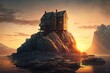 AI generated digital art of a cabin built on a rock with a sunset on the horizon
