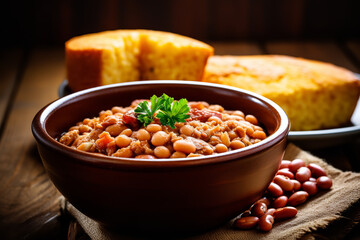 Wall Mural - A bowl of pinto beans is paired with a slice of cornbread, forming a comforting and nutritious meal