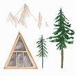 Triangle cabin, pine trees, and mountains are isolated on a white background. Set of 5 watercolor landscape objects. Building, green trees, and peaks clipart. Vector facade of a modern house in nature