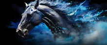 Blue Horse In Side View, Only Blue And Black, Dynamic Action Style, Black Background Painted With Oil Paint