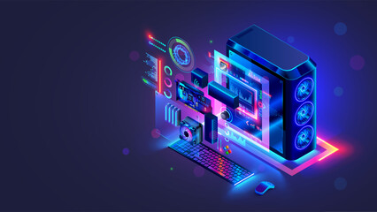 Poster - Overclocking gaming computer concept. Hardware parts with neon lights of power desktop gaming PC hangs over desk in dark. Gaming computer upgrade or repair. Power PC with CPU, coolers, RAM boards.