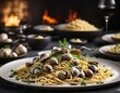 Yummy Delights in Close-up: Delicious  Linguine Alle Vongole Spaghetti Photography. A Generative AI Digital Illustration.