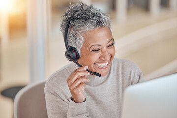 Sticker - Computer, smile and a senior woman in a call center for customer service, support or assistance online. Contact, headset and a happy female consultant working at a desk in her professional crm office