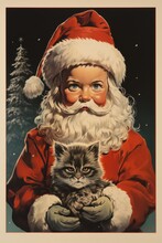 Boy With Cat Dressed As Santa Claus Retro Vintage Card 50s