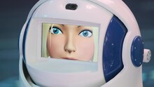 Closeup Portrait Of Female Astro Robot Talking While Looking At Camera