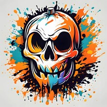 AI Generated Illustration Of A Human Skull With A Vibrant Paint Splatter Design