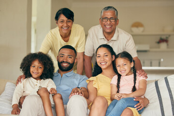 Canvas Print - Parents, kids and portrait of big family in home for love, care and quality time together. Mother, father and grandparents relax with young children in living room for support, smile and generations