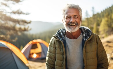 Poster -  senior man smiling while enjoying an active lifestyle in nature and outdoor camping 