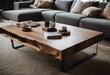 Live edge wooden coffee table against textile sofa Interior design of modern living room