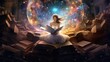 Esoteric concept: Girl reading the book of life metaphorically. Great library of records of the Akashic chronicle, Mystical knowledge archive of information in the vastness of the Universe