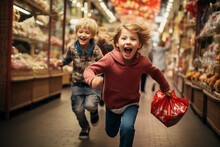Two Smiling Children Dart Through The Market, Their Candy Bags In Tow, Leaving A Trail Of Giggles In Their Wake.