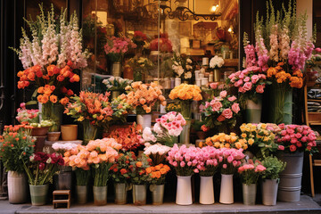 Wall Mural - A riot of colors emerges from a flower stall, where a fragrant blend of roses and lilies casts an aromatic spell on market-goers.