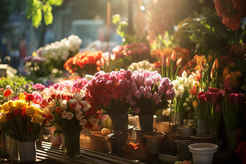 Sticker - The brilliance of petals from fresh flowers lights up the market, each bouquet glistening under sunlit radiance.