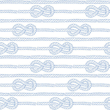Seamless pattern of rope cords eight knots. Hand drawn line illustration. Hand painted elements. Blue on white background.	