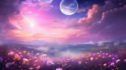 pink and blue flowers in a night city