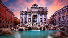 The Iconic Trevin Fountain At Dusk Rome Italy