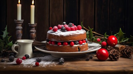 Wall Mural - Delicious Christmas poppy cake with red berries and powdered sugar on rustic wooden table