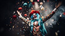 Carnival Celebration In Lanes, Colorful Clown Cap And Confetti On Obscured Foundation