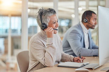 Aufkleber - Computer, smile and an elderly woman in a call center for customer service, support or assistance online. Contact, headset and a happy senior consultant working at a desk in a professional crm office