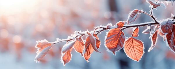 beautiful branch with orange and yellow leaves in the forest covered with first snow. autumn winter 