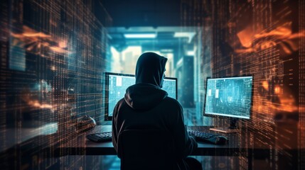 Hacking malware and data security concept. Hacker using laptop with binary code digital interface. Double exposure