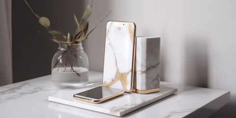 Two phones rest on a beautiful white table