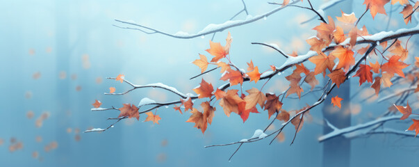 Poster - Beautiful frozen branch with orange and yellow maple leaves in the forest. Autumn winter background