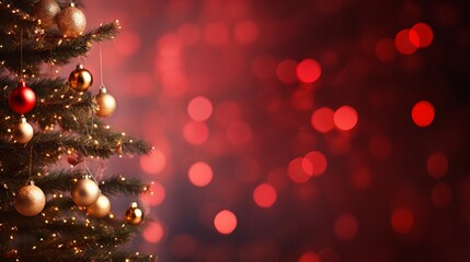 Wall Mural - festive christmas tree with colorful ornaments and sparkling bokeh lights on a red background