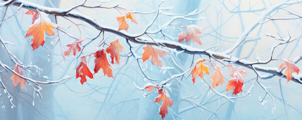 Poster - Beautiful frozen branch with orange and yellow maple leaves in the forest. Autumn winter background