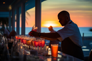 Poster - Feel the tranquility of a seaside restaurant moment, with a server bringing forth colorful cocktails whose glasses catch the sunset hues, as relaxed patrons soak in the breathtaking ocean view.