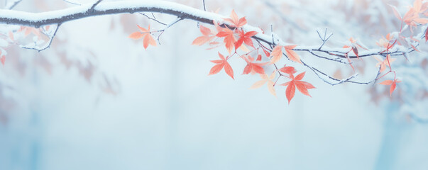 Poster - Beautiful frozen branch with orange and yellow maple leaves in the forest. Autumn winter background