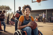 Girl playing a game of wheelchair basketball.