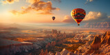 hot air balloon,A picture of a landscape with hot air balloons flying over the mountains,Kapadokya with flying air balloons, Illustration 