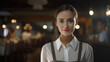 © Ai Studio - Smiling Service: Portrait of a Cheerful Young Waitress in a Welcoming Restaurant.