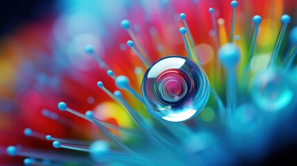 Poster - A colorful water droplet is in the center of a flower, AI