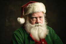 Generative AI Illustration Portrait Of Confident Bearded Santa With Gray Hair In Christmas Cap And Green Cozy Clothes Looking At Camera Against Dark Grey Background