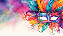 Colored Carnival Mask With Multi-colored Feathers In A Watercolor Style On A White Background.