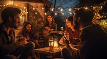 Raise See Of Youthful Companions Sitting Together On Housetop At Nightfall. Youthful Men And Ladies Hanging Out On Porch In Evening
