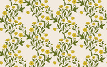 Seamless Background With Yellow Buttercup Flowers Ans Green Leaf, Stylish Vintage Pattern For Wallpaper, Textile, Wedding Invitation