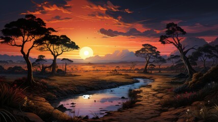 Wall Mural - Illustration of savanna landscape at sunset